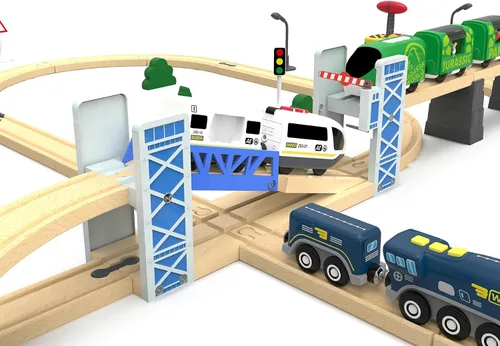 Vista 3 de Z MAYABBO Juego de accesorios de tren de madera, puente ferroviario de madera para vías de ferrocarril, 2 niveles de paso elevado compatible