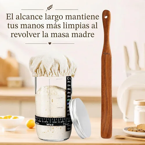Vista 4 de Paquete de 2 Spurtle de madera para masa madre, mezcla, alcanzar el fondo del frasco, batidor de masa, espátula de frasco de mango largo