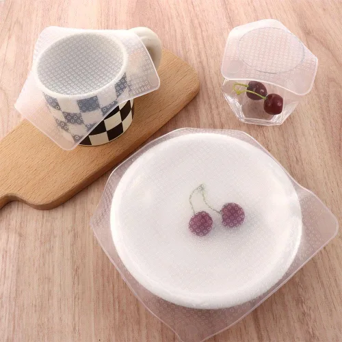 Vista 5 de Pokinge 4 fundas para contenedores de alimentos, tapas elásticas de silicona transparente, reutilizables, para microondas, 3 tamaños, cubierta