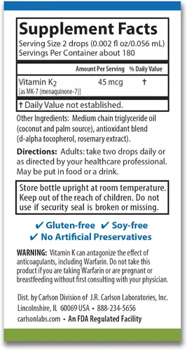 Vista 3 de Carlson Super Daily K2, 45 mcg, vitamina K líquida, 360 gotas (0.34 fl oz) Sin sabor; Salud ósea; Vitamina K2; Suplemento de vitamina K; Vitamina