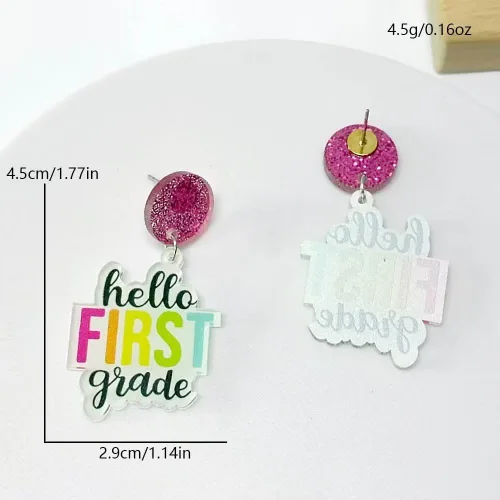 Vista 4 de Coloridos aretes colgantes de letras para profesores para mujeres y niñas, aretes acrílicos para el regreso a clases, regalos de agradecimiento