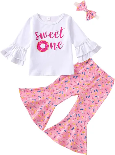 Vista 22 de Conjunto de ropa de cumpleaños para bebé niña pequeña, camiseta de manga larga, pantalones de campana, diadema