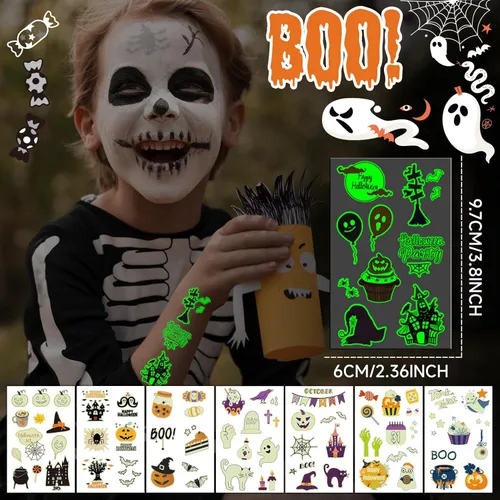 Vista 6 de EMOME Más de 500 estilos de tatuajes de Halloween brillantes para niños a granel, lindos tatuajes temporales para niños, golosinas de Halloween