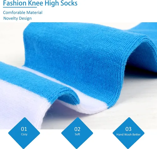 Vista 3 de Calcetines altos hasta la rodilla con 3 rayas para mujeres y niñas, estilo casual, diseño de rombos atléticos, calcetines largos hasta la rodilla