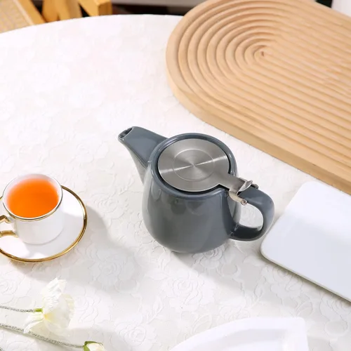 Vista 8 de Tetera de cerámica con infusor de acero inoxidable, resistente al calor, perfecta para hacer té, tetera gris 500ml/17oz