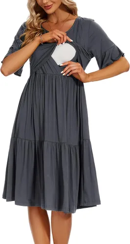 Vista 7 de Smallshow Vestido para maternidad y lactancia con volantes, manga corta, para mujer Verde militar