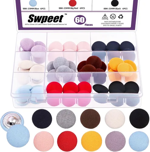 Vista 9 de Swpeet Kit surtido de 100 botones redondos de 10 colores, 0.492 in de tela cubierta de tela de tela de 0.492 in, perfecto para bodas nupciales