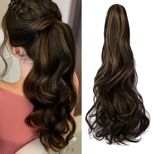Vista 28 de Felendy Extensión de cola de caballo de 18 pulgadas, mezcla de rubio ceniza, marrón oscuro, rizado, ondulado, con clip, extensiones de cabello largo