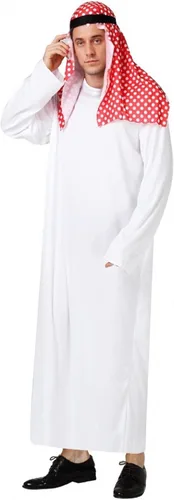 Vista 4 de Disfraz de jeque árabe árabe para hombre, de manga larga, túnica de Oriente Medio con bufanda para la cabeza, conjunto para Halloween Estampado