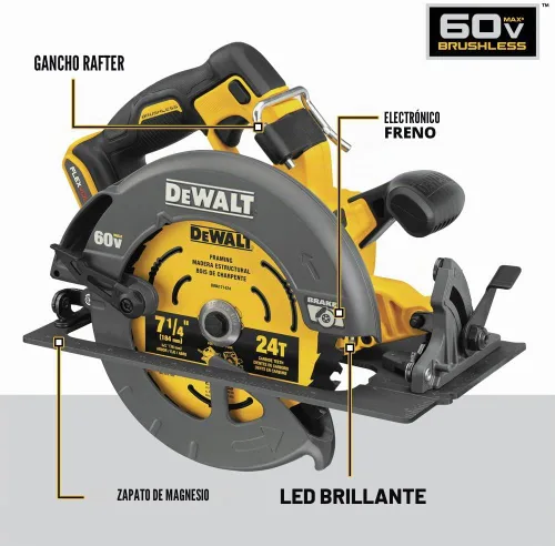 Vista 8 de DEWALT FLEXVOLT 60V MAX* Sierra circular con kit de freno, 7-1/4 pulgadas (DCS578X2)