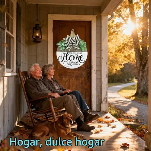 Vista 7 de Letrero de bienvenida para decoración de puerta delantera, coronas de madera rústica con vegetación y lazo, letrero de porche «Bless This Home»