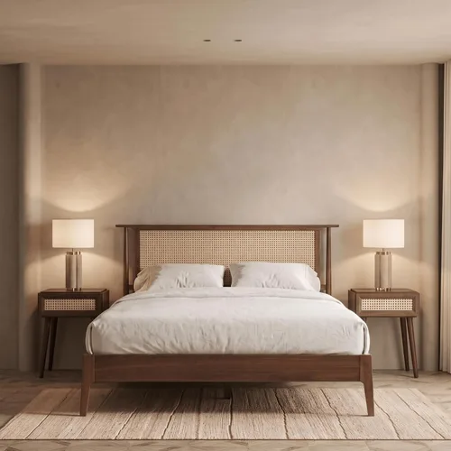 Vista 14 de NTC Marco de Cama de Madera Ruby con Cabecero y Ratán Natural, Base de Madera Sólida de Roble/Caucho con Listones Silenciosos, Capacidad de 1000
