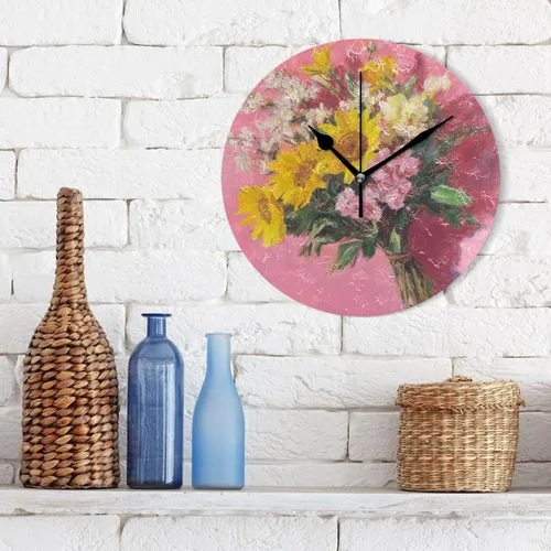Vista 3 de Retro Flowers with Pink Oil Painting Feel 10 Inch Round Wall Mount Clock Silent Unique for Farmhouse Living Room Living Room reloj de pared