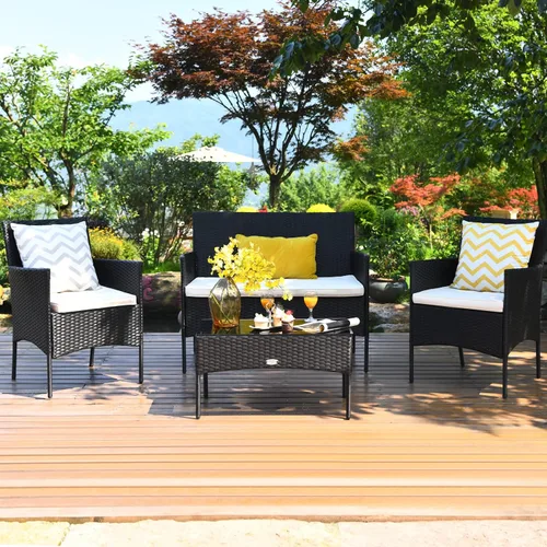 Vista 4 de COSTWAY Juego de muebles de ratán de patio de 4 piezas, juego de conversación de ratán al aire libre con mesa de centro de vidrio templado, sofá
