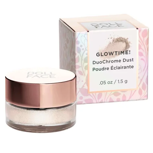 Vista 2 de Doll Face Maquillaje iluminador, Glowtime! DuoChrome Dust, iluminador holográfico en polvo suelto, maquillaje brillante para ojos, rostro y cuerpo