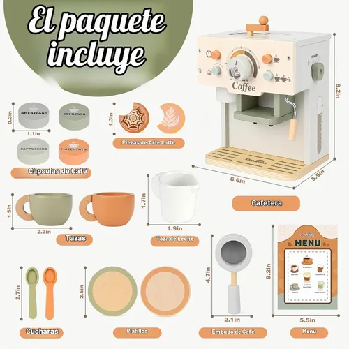 Vista 3 de Cafetera de juguete, accesorios de cocina de madera para niños, juego de simulación, verde