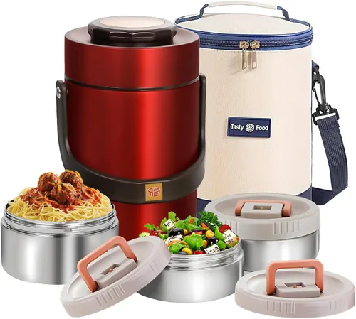 Vista 10 de Termo mejorado de 67 onzas para comida caliente, termo apilable de 3 capas, tarro de sopa con bolsa aislante, ideal para oficina, comidas al aire