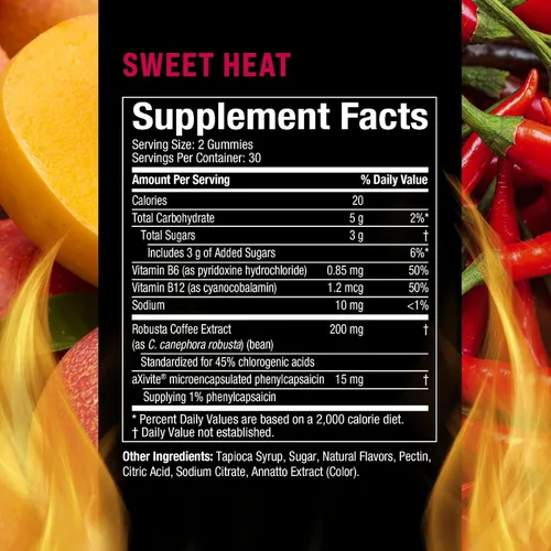 Vista 2 de Hydroxycut Hardcore Ultra Shred Gomitas, Sweet Heat - 99% libre de estimulantes - Incluye capsaicina y vitaminas B - Para mujeres y hombres
