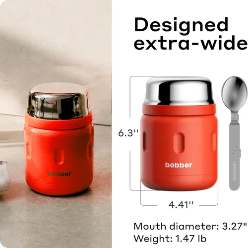 Vista 6 de BOBBER Tarro de alimentos aislado de acero inoxidable de 16 oz con boca extra ancha, cuchara y tazón integrados, mantiene el calor durante 10 horas