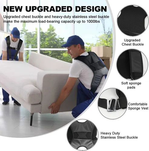 Vista 5 de Correas para mover muebles con hebilla en el pecho, correa de elevación para 2 mudanzas, correas de hombro para mover con correa de elevación para 1