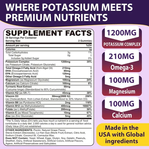 Vista 2 de Suplemento de citrato de potasio y gluconato de potasio, 1200 mg Dos formas de gomitas de potasio, con magnesio, Omega-3, calcio, vitamina D3 K2 B12