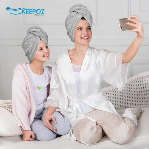 Vista 5 de KEEPOZ Toalla para el cabello de secado rápido, 100% algodón, súper absorbente, turbante para la cabeza para mujeres con botón, productos