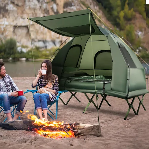 Vista 2 de Tangkula Combo de Catre de Tienda 5 en 1 con Toldo, Colchón de Aire, Saco de Dormir, Almohada, Tienda Individual Elevada con Bolsa de Transporte