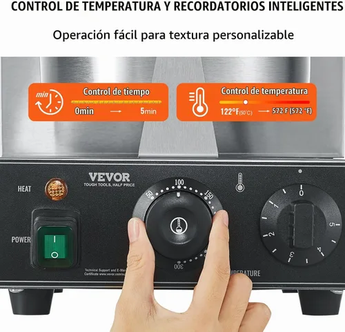 Vista 3 de VEVOR Gofrera Comercial, Máquina de Waffles Redonda de 1230W, Plancha de Waffles Belga Antiadherente de Acero Inoxidable con Control de Temperatura