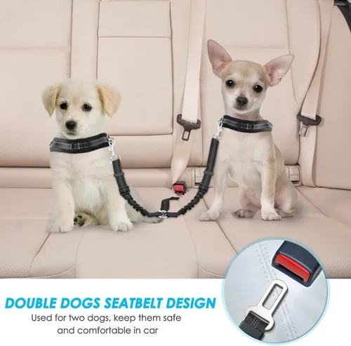 Vista 2 de SlowTon Cinturón de seguridad para perro, cinturón de seguridad doble para perro, correa de seguridad ajustable para vehículo con amortiguador