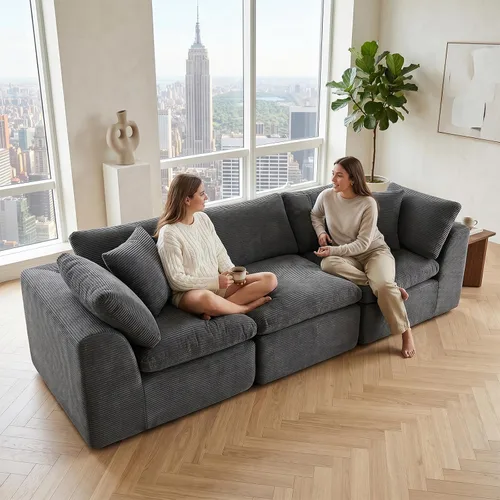Vista 20 de Sofás de nube beige para sala de estar, sofá deshuesado de 4 plazas, sofá modular seccional, no requiere montaje, tapizado de chenilla, moderno
