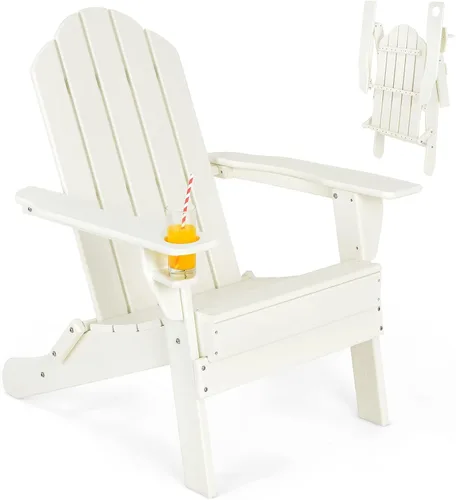 Vista 22 de Giantex Adirondack - Silla plegable para exteriores, silla de patio resistente a la intemperie de HDPE con soporte integrado para tazas, silla