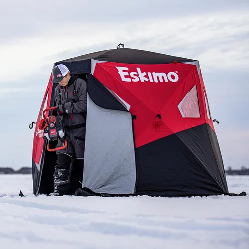 Vista 3 de Eskimo Outbreak Portable Pop-Up Ice Fishing Shelter, Stormshield Insulated Fabric, No Trip Door, Durable Hub Design, Deluxe Tie Downs