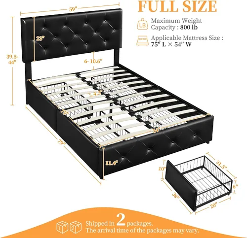 Vista 2 de Yaheetech Base de cama tapizada con 4 cajones de almacenamiento y cabecera ajustable, plataforma de piel sintética con base de colchón, fuerte
