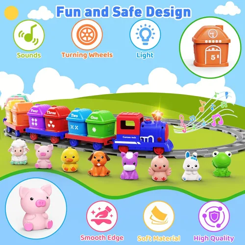 Vista 2 de Juguetes de aprendizaje para niños de 1, 2, 3 años, juego de tren de granja eléctrico para niñas de 2 a 4 años, juguete de tren Montessori