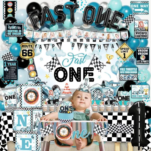 Vista 7 de Fast One - Decoraciones de cumpleaños para niños, 143 piezas de suministros de decoración de primera fiesta de carreras para bebé, pancarta
