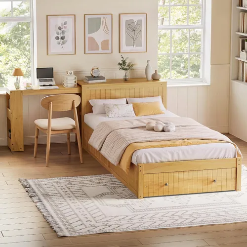 Vista 23 de VilroCaz Cama de plataforma multifunción de tamaño matrimonial con nido y cajones, plataforma de madera con cabecera de almacenamiento y enchufes