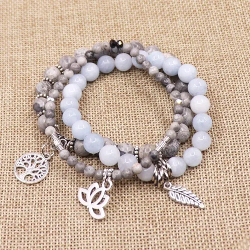 Vista 2 de UEUC - Pulseras Reiki, apilables, de piedras curativas, cristales, con dije del árbol de la vida, yoga y hoja de loto, contra la ansiedad