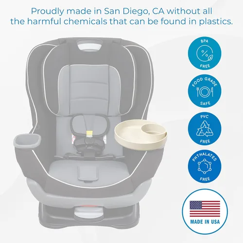 Vista 2 de My Travel Tray Round, fabricado en Estados Unidos. Convierte el portavasos existente en bandeja y portavasos para asiento de automóvil para niños