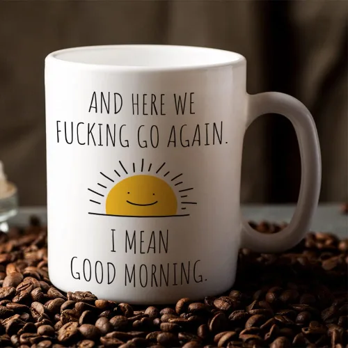 Vista 5 de Fatbaby Taza de café divertida para mujeres y hombres, Here We Fucking Go Again I Mean Good Morning, regalos de cumpleaños y Navidad, regalos