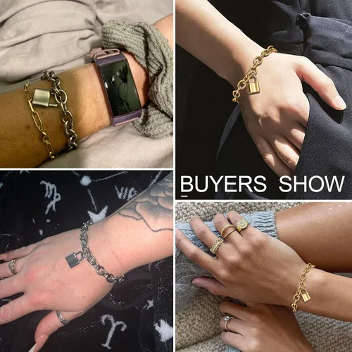 Vista 3 de FOCALOOK Pulseras de cadena de eslabones para mujer pulseras personalizables chapadas en oro de 18 quilates pulsera con dije de bloqueo de cadena
