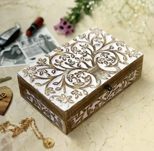 Vista 2 de Gran regalo de cumpleaños, caja de joyería decorativa de madera hecha a mano, organizador de joyas tallado en árbol de la vida, caja de recuerdos