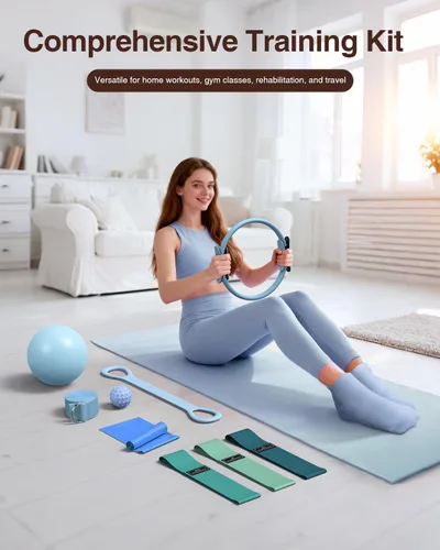 Vista 9 de Kit de Pilates para mujeres para entrenamiento en casa, equipo de Pilates juego de anillo y pelota con 3 bandas de resistencia de tela, pelota