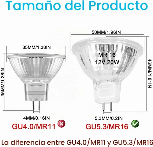 Vista 4 de Bombilla halógena MR16 de 20 W regulable de 12 V GU5.3 con base de dos pines con larga vida útil, bombillas MR16 blancas cálidas de 2700 K