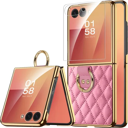Vista 9 de Miimall Con protector de pantalla compatible con Samsung Z Flip 5, funda de cuero con soporte de anillo, cubierta trasera de cuero romboide de lujo