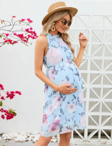 Vista 5 de KOJOOIN Vestido de maternidad con cuello halter y volantes, de verano, casual, bohemio, sin mangas, de cintura alta, fluido para sesión de fotos