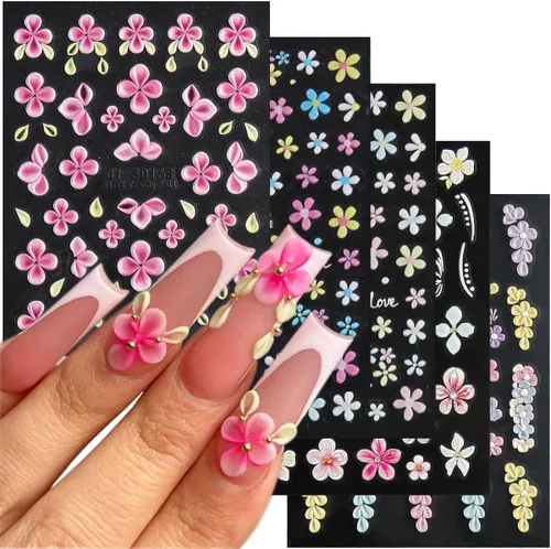 Vista 13 de Fcozpjk Calcomanías de uñas con lazo en relieve 5D, 5 hojas autoadhesivas de cintas rosas y blancas, arte de uñas para el día de San Valentín, dijes