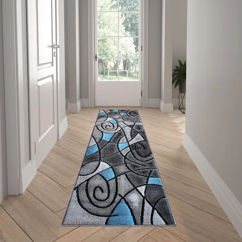 Vista 17 de EMMA + OLIVER Alfombra decorativa de olefina de felpa, patrón geométrico abstracto, tonos grises degradados con detalles azules vibrantes, 2 x 3