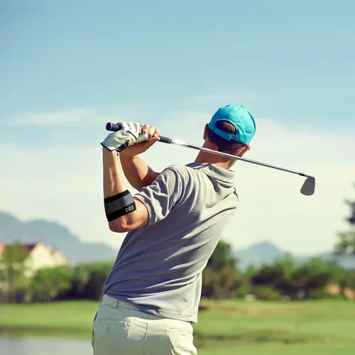 Vista 8 de OrthoSleeve Codera ES3 diseñada para prevenir y revivir el dolor asociado con codo de tenista, codo de golfista, dolor general de codo y dolor