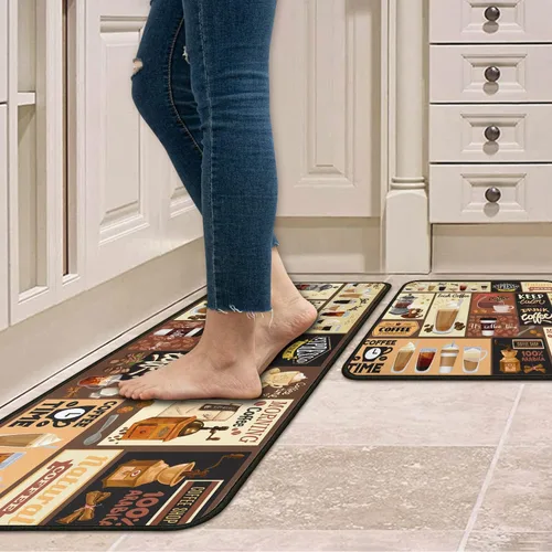 Vista 2 de Alfombras y esteras de cocina con tema de café (2 piezas), alfombra de cocina negra antideslizante lavable, suave, superabsorbente, juego