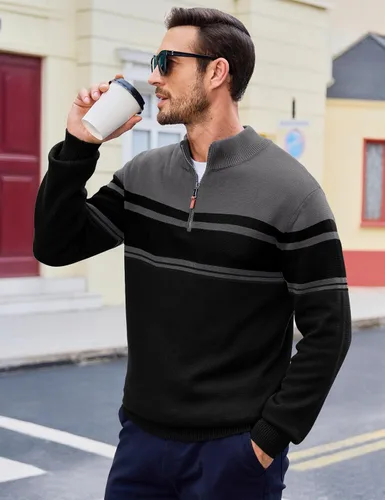 Vista 51 de MAGCOMSEN Suéteres de algodón con cremallera de 1/4 para hombre, suéter tipo polo, a rayas, para otoño e invierno, sudaderas cálidas